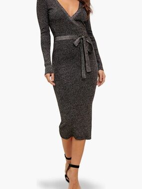 Flying Tomato Ribbed Wrap Midi Dress in Charcoal